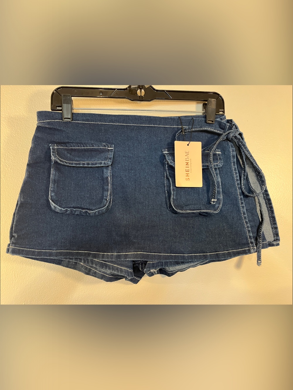 SHEIN Dark Blue Denim Wrap Skort with Patch Pockets and Side Tie